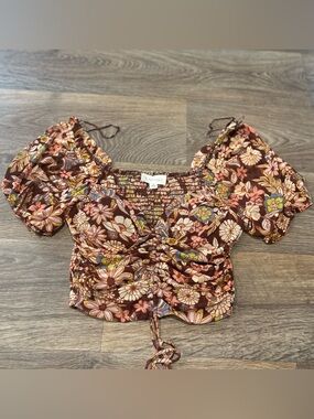 Meraki Smocked Crop Top Brown Floral Puff Sleeve Padded Cottagecore Women’s S